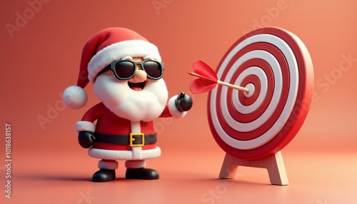 A small, cute Santa 3D model, wearing sunglasses, playing darts. 
Aiming a dart at a bullseye with a joyful smile. On a plain background, copy space
