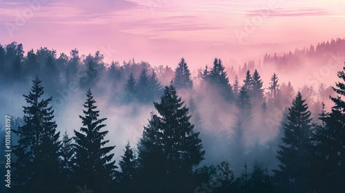 Misty sunrise over a tranquil forest landscape with towering trees and soft, colorful skies