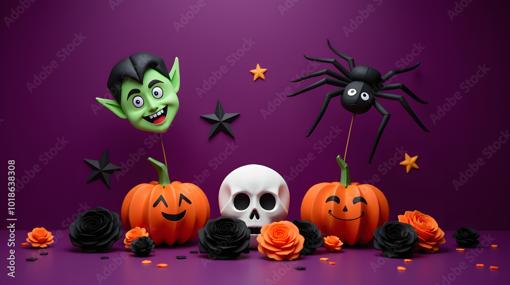 Fototapeta premium Origami halloween background with pumpkin and bats