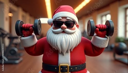 A strong Santa 3D model, wearing sunglasses, lifting weights in a gym, working out with dumbbells in a festive setting. Working on his winter beach body