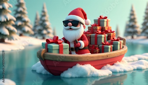 A cute Santa 3D model, wearing sunglasses, delivering presents by boat, steering a festive ship through a snowy river with gifts piled high on deck. Winter time wallpaper