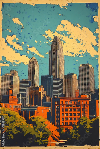 Indianapolis, Indiana, color wood block print effect. Woodblock printing. Graphic designed, illustration for travel poster, card, wallpaper, backdrop or banner. Modern, clear, artistic and simple