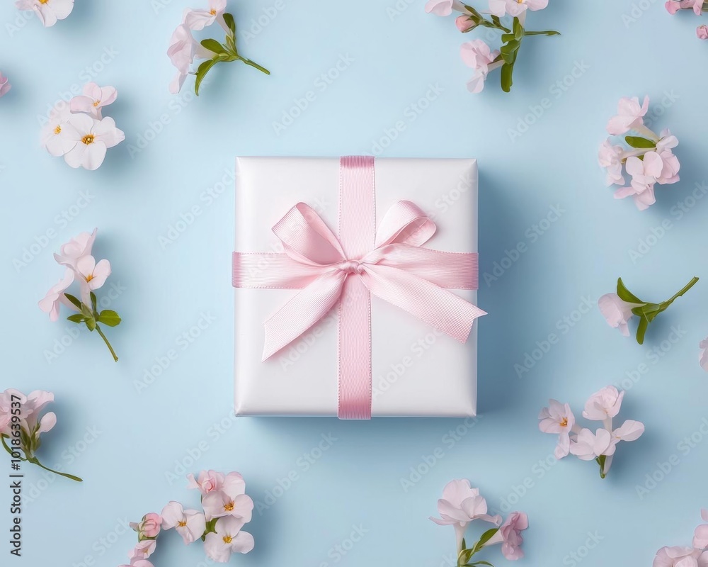 A festive composition featuring a wrapped gift with a pink ribbon, surrounded by flowers, set against a pastel blue background A festive composition featuring a wrapped gift with a pink ribbon, surrounded by flowers, set against a pastel blue background