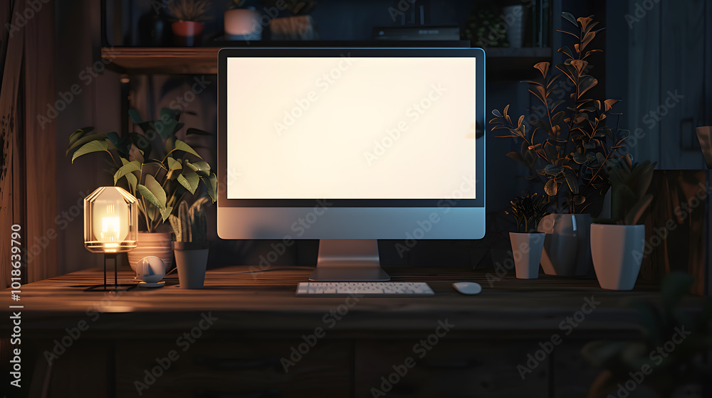 Modern computer monitor with blank screen on a wooden desk. Modern computer monitor with blank screen on a wooden desk.