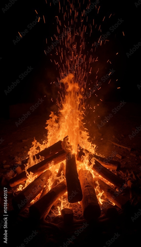 Obraz premium Intense bonfire with bright flames and sparks in dark night setting