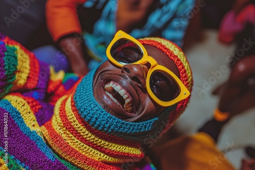 Close-up photo of a dark-skinned man wearing a colorful knitted balaclava, lying on the floor with his head tilted back, laughing heartily and holding yellow sunglasses, while other people around him 
