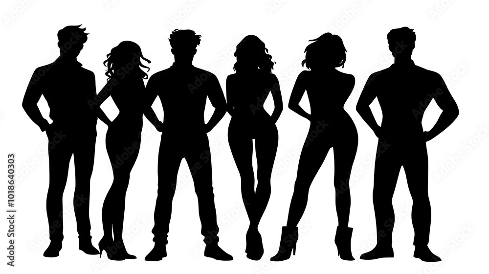 Diverse Silhouetted Figures Posing in Coordinated Outfits on White Background Diverse Silhouetted Figures Posing in Coordinated Outfits on White Background