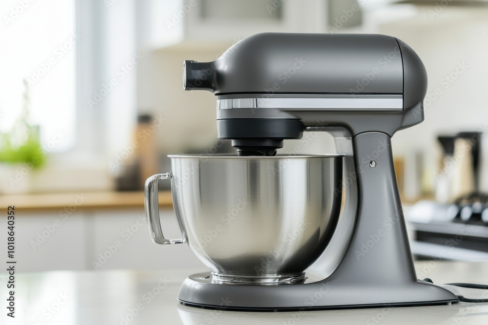a sleek stainless steel stand mixer, showcasing its versatility and efficiency as a kitchen essential. The mixer is surrounded by the clean lines and minimalist design of a modern kitchen a sleek stainless steel stand mixer, showcasing its versatility and efficiency as a kitchen essential. The mixer is surrounded by the clean lines and minimalist design of a modern kitchen