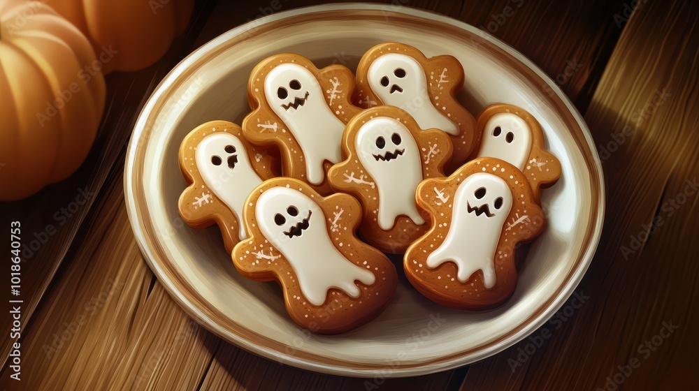Obraz premium Halloween gingerbread cookies in plate on wooden table