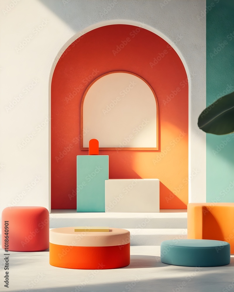 Alluring immersive 3D studio environment filled with a vivid palette of rich jewel toned colors  Stark minimalist concrete floor and crisp white walls frame a central product display pedestal