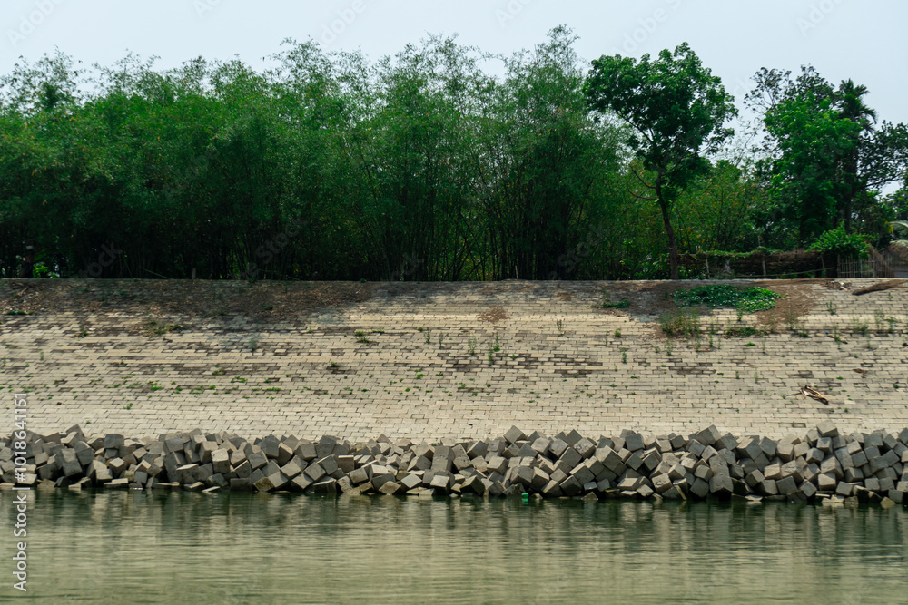 concrete cubes that serve as coastal protection against river erosion. Fortified bank of Ganges (Padma) River in Bangladesh.