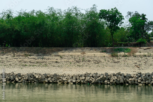 Obraz na płótnie concrete cubes that serve as coastal protection against river erosion. Fortified bank of Ganges (Padma) River in Bangladesh. w salonie