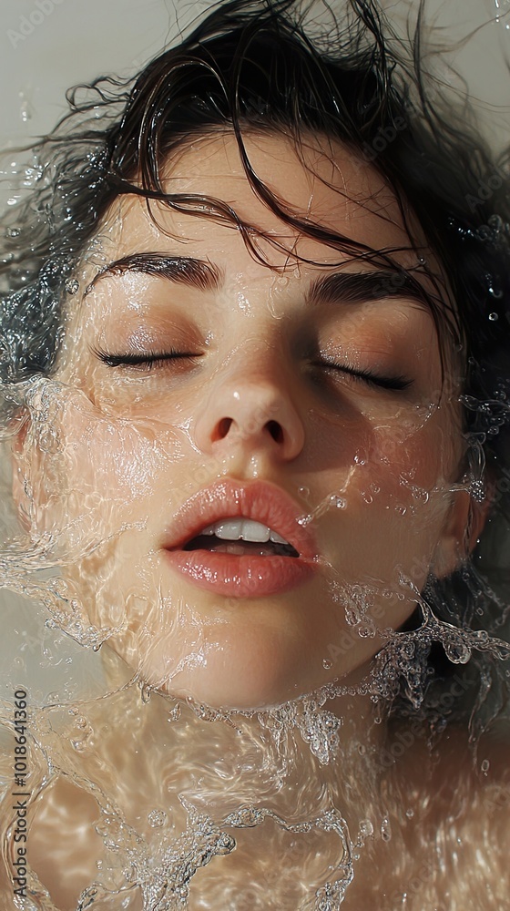 Close-up Portrait of a Woman with Water Splashing on Her Face Close-up Portrait of a Woman with Water Splashing on Her Face