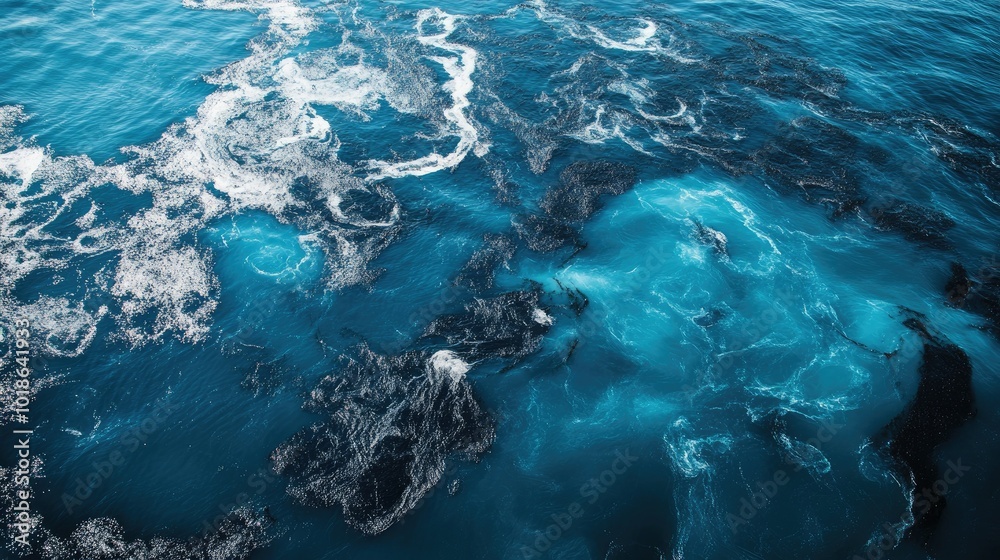 Fototapeta premium An aerial view of an oil spill spreading across the ocean, with dark patches of oil contrasting against the blue water, illustrating environmental disaster.
