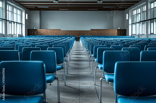 Empty Conference Hall with Rows of blue Chairs, Capturing the Calm Before a Busy Meeting or Presentation