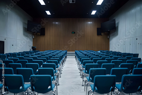 Empty Conference Hall with Rows of blue Chairs, Capturing the Calm Before a Busy Meeting or Presentation