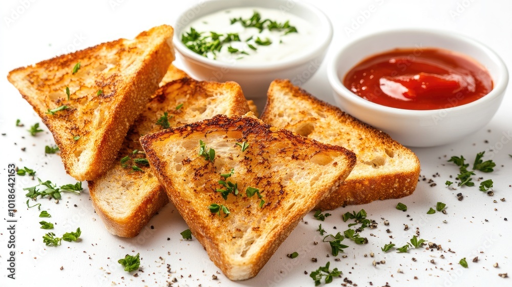 Golden Toast with Dipping Sauces on White Background Golden Toast with Dipping Sauces on White Background