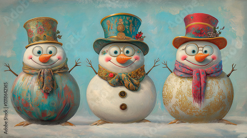 Three cute snowman with ornament on blue background.