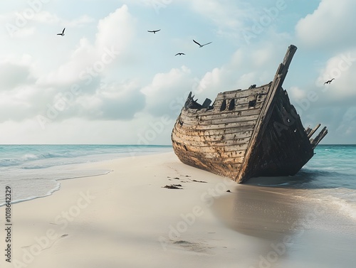 A weathered wooden shipwreck rests on a pristine white sand beach.