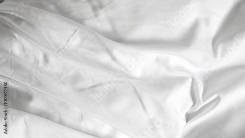 Quadro em tela White bedsheets with fluffy blanket on simple background, soft texture and comfo