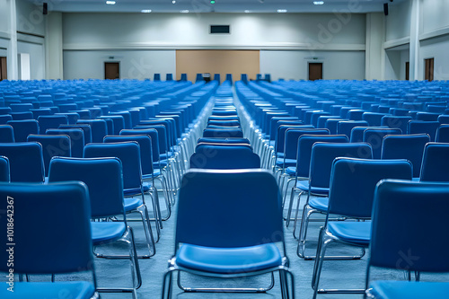 Empty Conference Hall with Rows of blue Chairs, Capturing the Calm Before a Busy Meeting or Presentation