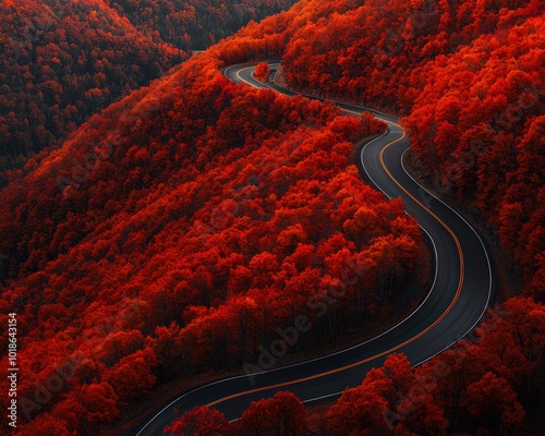 A scenic winding road through vibrant autumn foliage, showcasing striking red and orange hues in a tranquil mountain landscape. photo