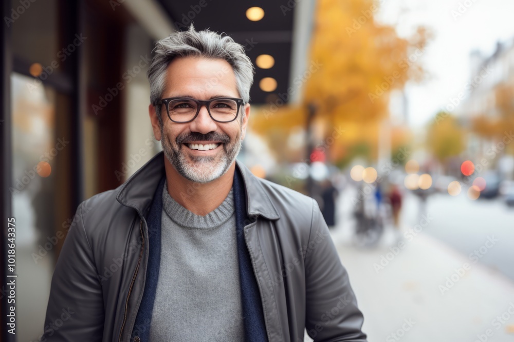 Portrait of handsome middle-aged man with eyeglasses in the city