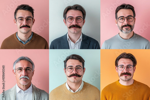 Collage of men with different mustaches posing against color backgrounds