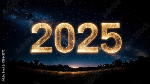 Golden New Year 2025 in space with dark galaxy background