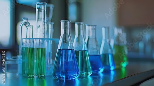 Assorted glass pipettes, beakers, and flasks filled with bright blue and green liquids, sitting on a lab bench with a sleek, modern design.