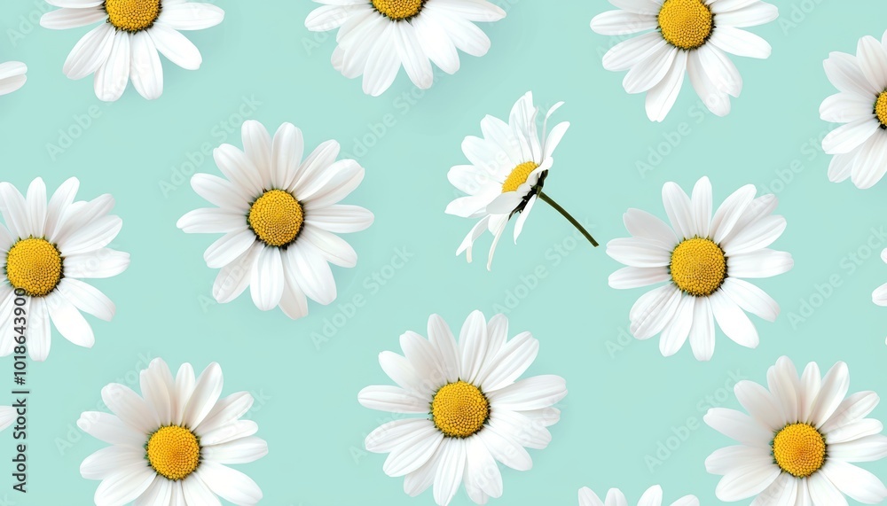 Obraz premium Tiny daisies outlined in black repeat with even spacing on a soft mint backdrop, for a fresh, clean, and minimal floral look
