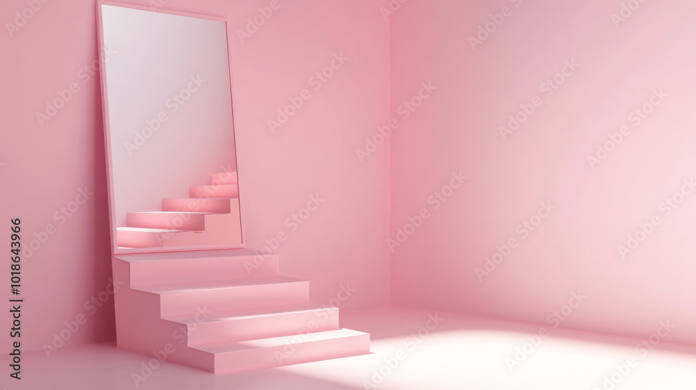 Obraz premium Abstract white minimalist staircase leading to bright hallway, concept of progress