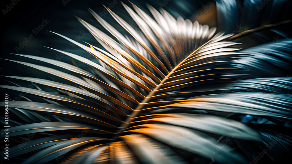 Fototapeta premium Abstract palm tree leaves blurred motion, Close-up abstract image of palm tree leaves blurred in motion, creating a vibrant green and white pattern against a blue sky. 