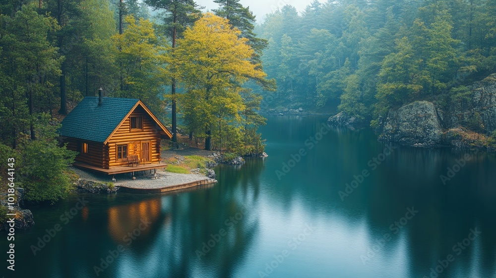 Fototapeta premium Relaxing lakeside cabin surrounded by a pine forest
