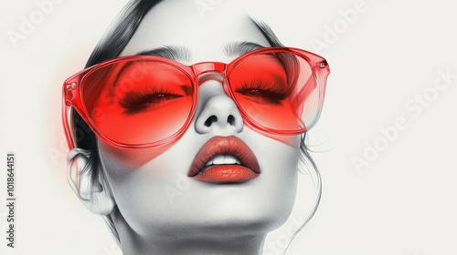 Elegant fashion illustration of a woman with red sunglasses, combining trendy elements and artistic interpretation to create a chic and confident portrait