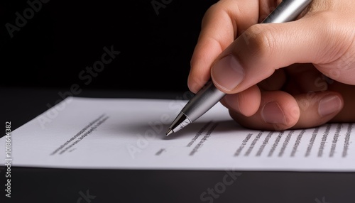 Close-up of a hand with a pen, signing a document on a dark wooden desk, sharp focus on the paper and signature, business transaction concept photo