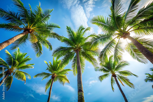 Wallpaper Mural Palm trees reach up to sunny sky, low-angle view of tall palm trees with lush green fronds reaching towards a bright blue sky with white clouds and a sun shining through the leaves. Torontodigital.ca