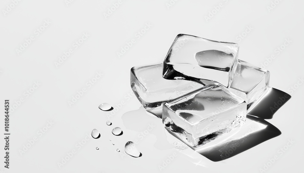 Close-up of ice cubes arranged in a pile, melting slightly, water droplets visible, crisp and cool aesthetic, on a white background Close-up of ice cubes arranged in a pile, melting slightly, water droplets visible, crisp and cool aesthetic, on a white background