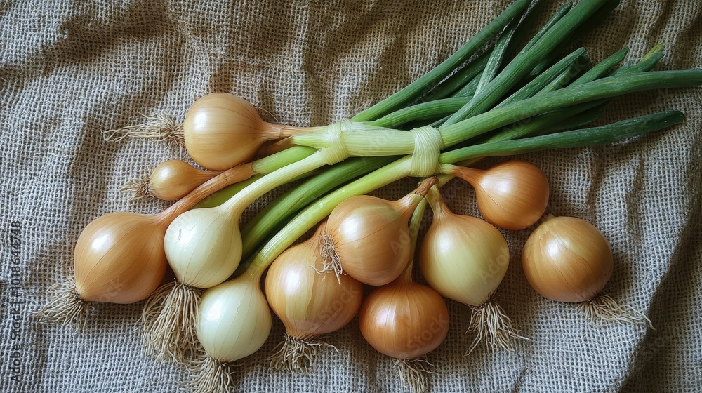 A bunch of raw onions with their green stalks still attached, freshly harvested, laid on a textured cloth background. A bunch of raw onions with their green stalks still attached, freshly harvested, laid on a textured cloth background.