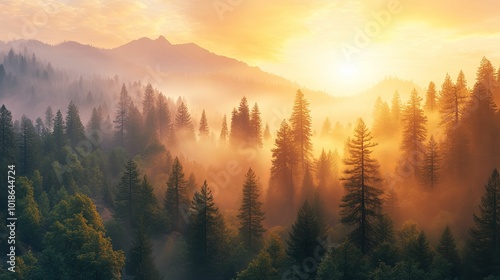 Golden Sunrise Over a Foggy Mountain Forest