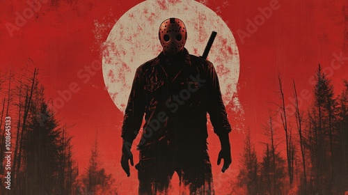 A menacing figure with a hockey mask stands against a large blood-red moon in a dark forest during the night