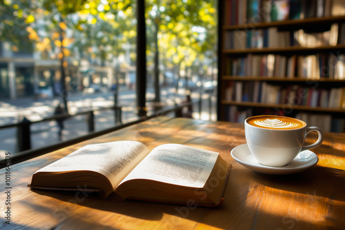 Coffee and book on a sunny balcony.