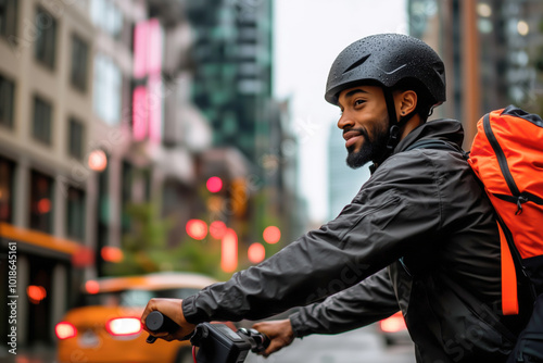 Urban cyclist riding through rainy city streets.