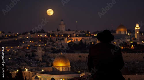 orthodox jew sitting on his back admiring israel with new moon photo