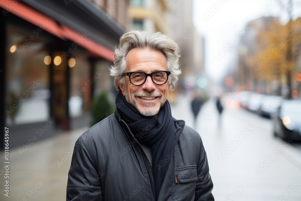 Portrait of a happy senior man walking in the city with glasses Portrait of a happy senior man walking in the city with glasses
