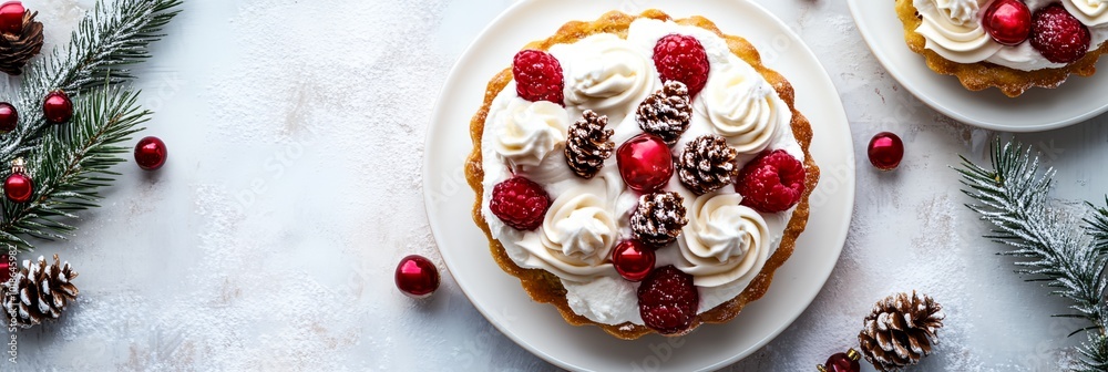 A white plate with a dessert topped with whipped cream and raspberries. The dessert is placed on a table with a white background and a few pine cones A white plate with a dessert topped with whipped cream and raspberries. The dessert is placed on a table with a white background and a few pine cones