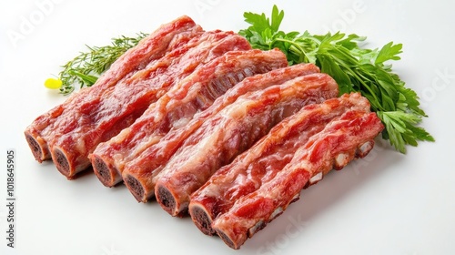 Fresh Raw Beef Ribs with Herbs on White Background