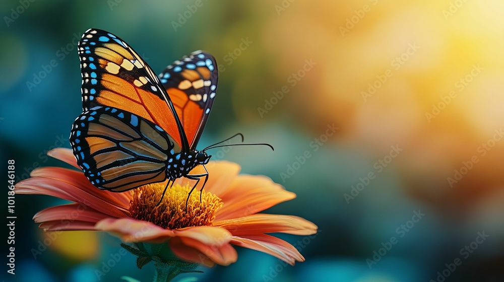 Fototapeta premium Monarch Butterfly Perched on a Vibrant Orange Flower