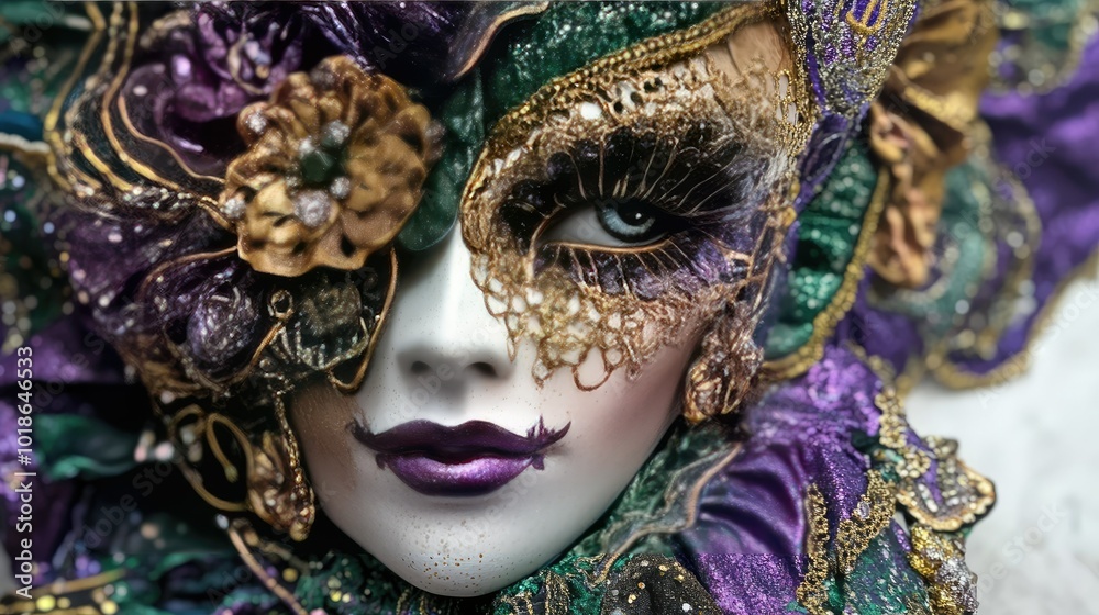 A close-up of a carnival mask with a rich color palette of purple, gold, and green, adorned with sequins and lace, showcasing the intricate craftsmanship and elegance. A close-up of a carnival mask with a rich color palette of purple, gold, and green, adorned with sequins and lace, showcasing the intricate craftsmanship and elegance.