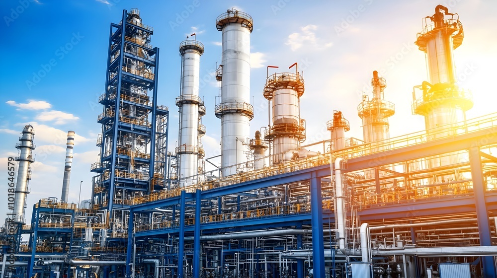 Striking Contrast of Industrial Refinery Structures and Serene Cloud-Filled Sky Striking Contrast of Industrial Refinery Structures and Serene Cloud-Filled Sky